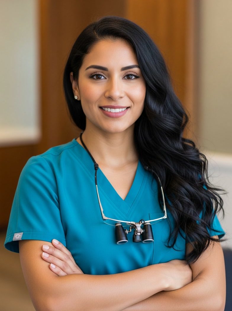 Sofia Ramirez in teal scrubs with dental loupes